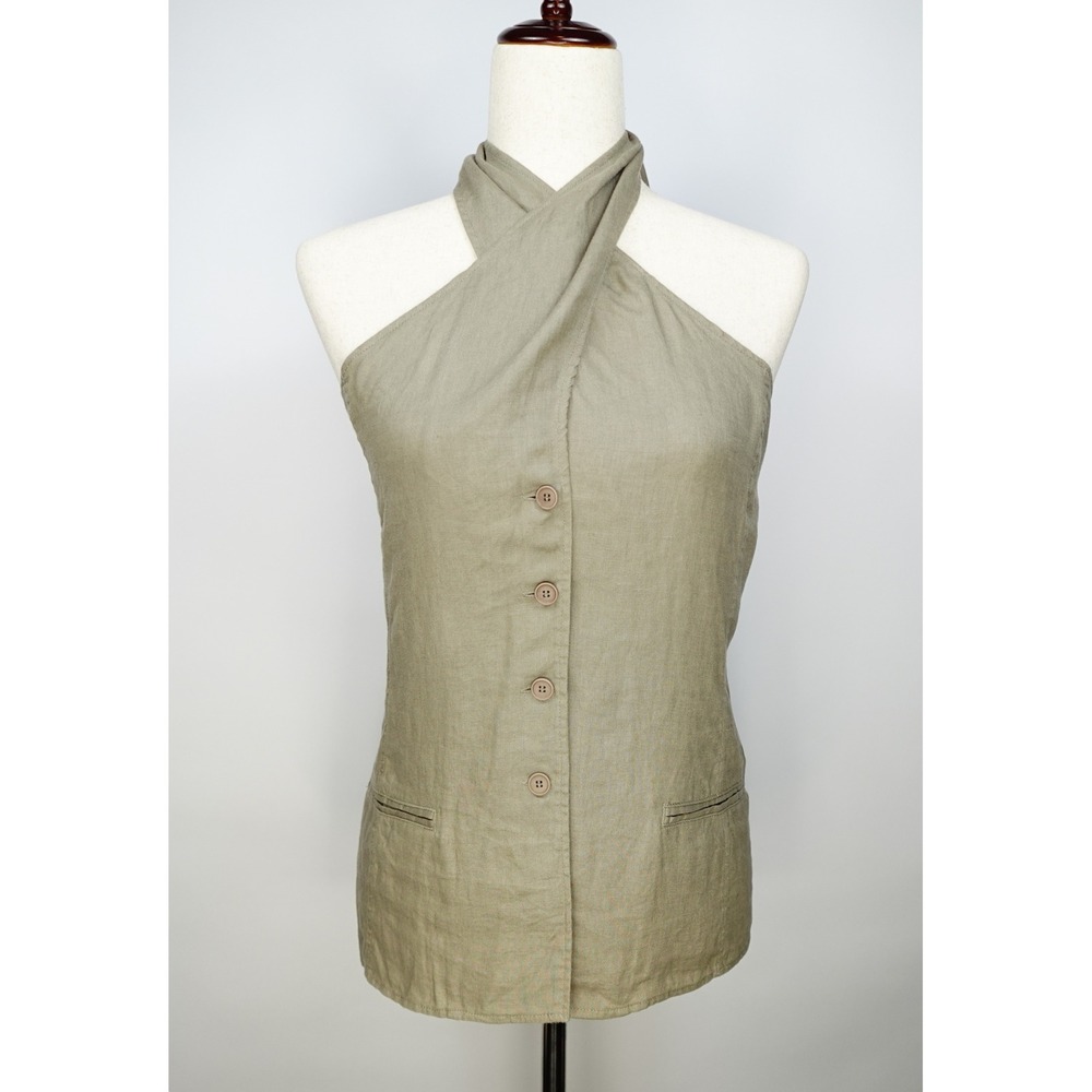 Zara Womens Halter Neck Linen Blend Waistcoat Top Olive Green Button Front Small